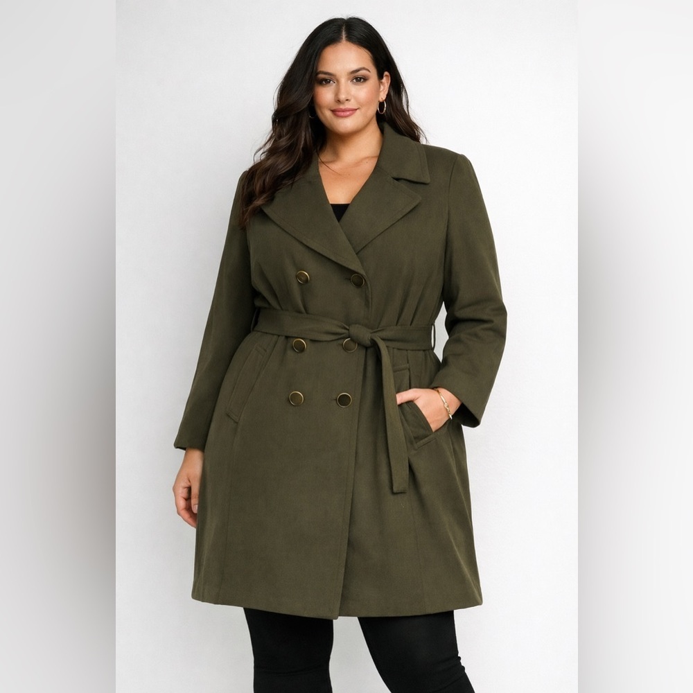 Signature by Larry Levine Olive Green Belted Trench Coat Plus Size 14W Classic